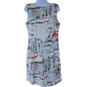 Venice-Inspired Sleeveless Shift Dress City scape Print gondola elegant chic